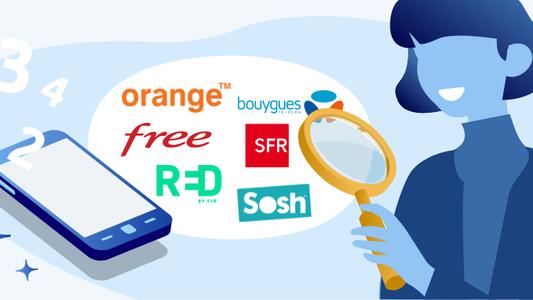 Woman looking at mobile providers' logos with a magnifying glass