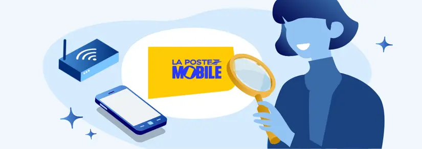 woman looking at la poste mobile's logo with a magnifying glass